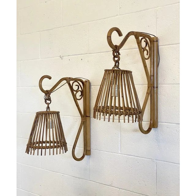 Light Yellow Wall Lamps in Wicker and Bamboo, 1970s, Set of 2 For Sale - Image 8 of 12