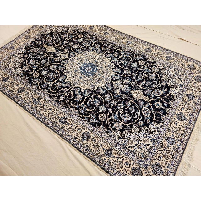 Vintage Persian Nain Habibian Rug, Handwoven Floral Pattern With Silk Highlights, Navy & Blue. 5’ X 8’ For Sale - Image 11 of 12