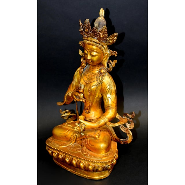 Asian Antique Gilt Bronze Vintage Tibetan Vajrasattva Buddha Statue For Sale - Image 3 of 13