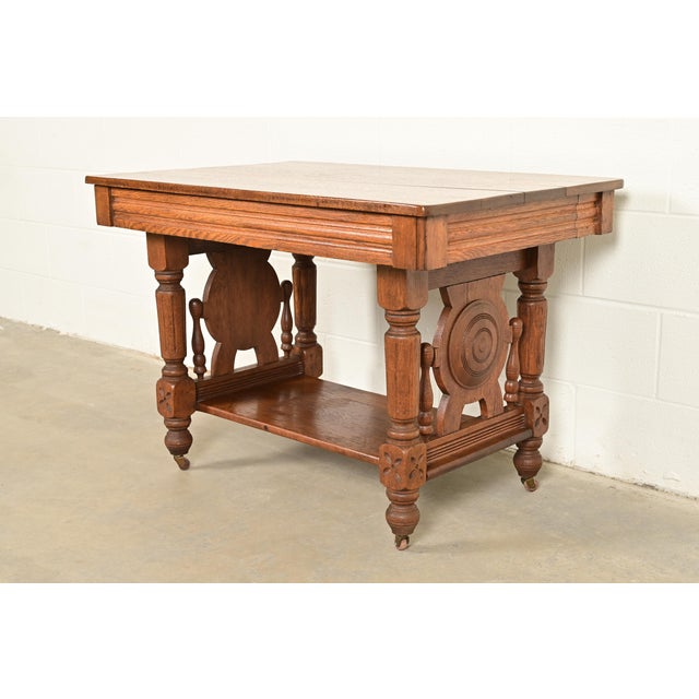 Wood Herter Brothers Style Antique Victorian Carved Oak Writing Desk or Library Table, Circa 1890s For Sale - Image 7 of 7