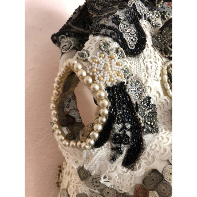 Sculpture Materials Large Mixed Media Skull Sculpture With Lace and Pearls For Sale - Image 7 of 13