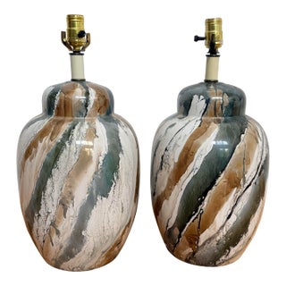 Pair of Vintage Marbled Glaze Table Lamps in Sage, Cream & Taupe, Organic Modern - A Pair For Sale