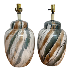 Pair of Vintage Marbled Glaze Table Lamps in Sage, Cream & Taupe, Organic Modern - A Pair