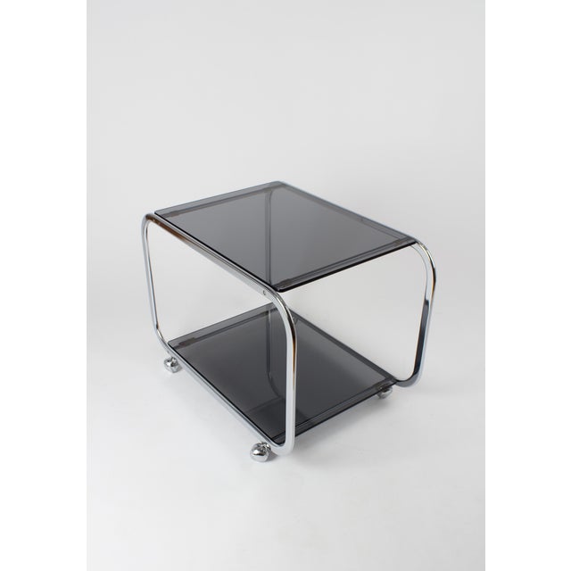 Vintage Chrome and Smoked Glass 2-Tier Coffee Table on Casters, 1970s For Sale - Image 4 of 11