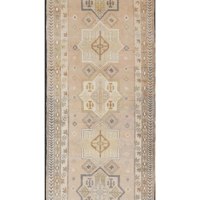 Antique Turkish Oushak Runner With Soft Gold and Celadon Geometric Medallions For Sale - Image 4 of 13