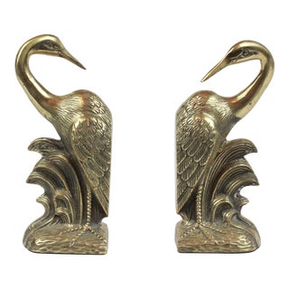 Art Nouveau Brass Swan or Crane Bookends - a Pair For Sale