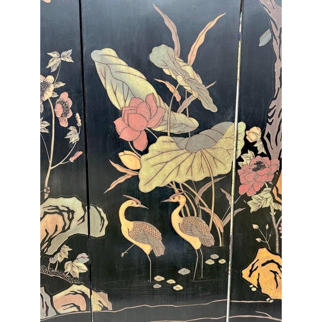 Mid 20th Century Exquisite Chinese Export Four Panel Coromandel Screen With Birds in Landscape For Sale - Image 5 of 15