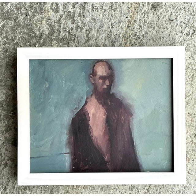 Cerulean Vintage Boho Original Abstract Figural Oil Painting on Board For Sale - Image 8 of 12