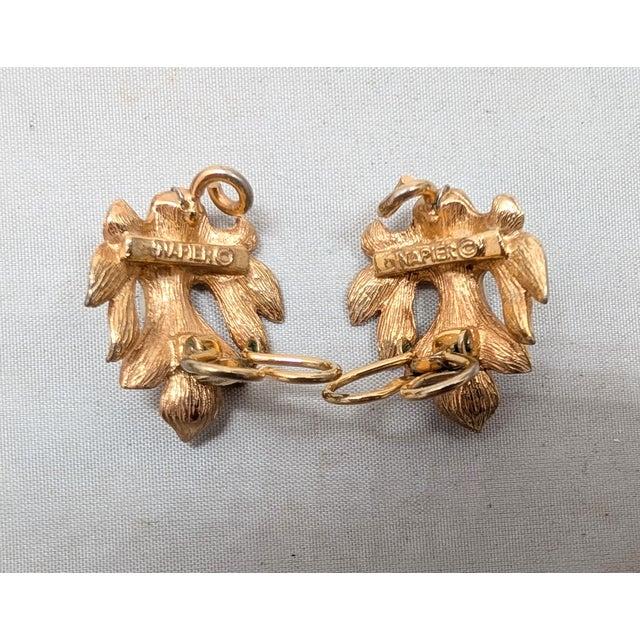 Metal Vintage 1960s Signed Napier Goldtone Leaf With Faux-Pearls Clip Earrings-2 Pieces For Sale - Image 7 of 7