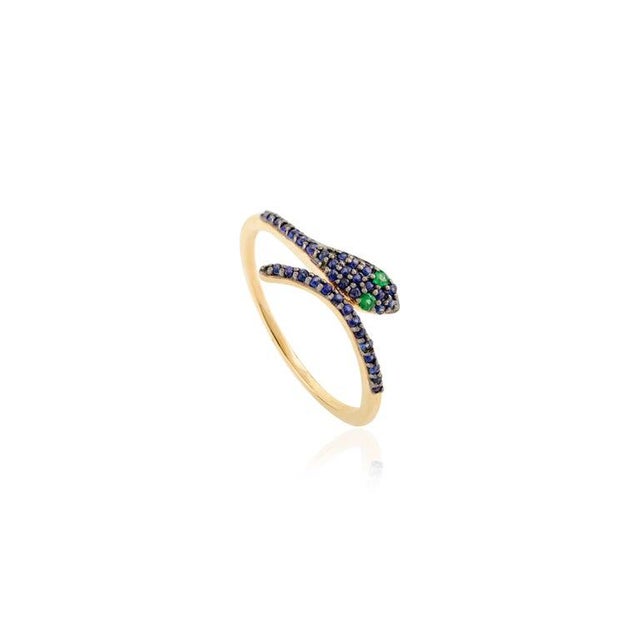 Art Deco 14k Solid Gold Serpent Ring With Pave Set Sapphires & Emeralds Ring Size 5.5 For Sale - Image 3 of 11