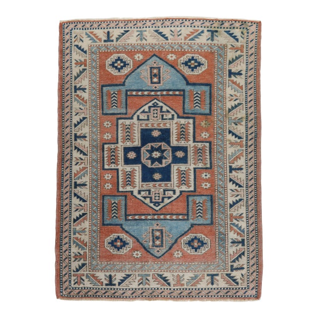 Vintage Tribal Wool Rug With Bold Geometric Medallion in Rust & Indigo -3' 10'' X 5' 1'' For Sale