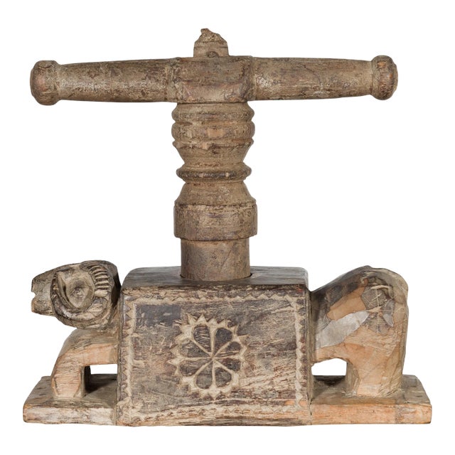 Indian Antique Wooden Hand Noodle Maker with Carved Ram and Vice Press For Sale