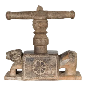 Indian Antique Wooden Hand Noodle Maker with Carved Ram and Vice Press