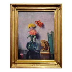 Clyde Forsythe -Still Life of Zinnias Flowers & Books-1920s Oil Painting