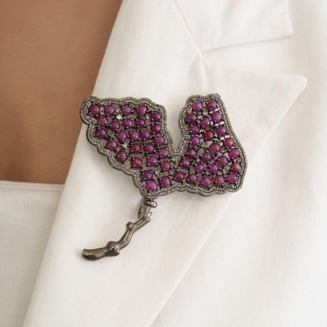 Not Yet Made - Made To Order Art Deco Style Tutti Frutti Ruby & Diamond Ginkgo Leaf Brooch Pendant in Sterling Silver For Sale - Image 5 of 15