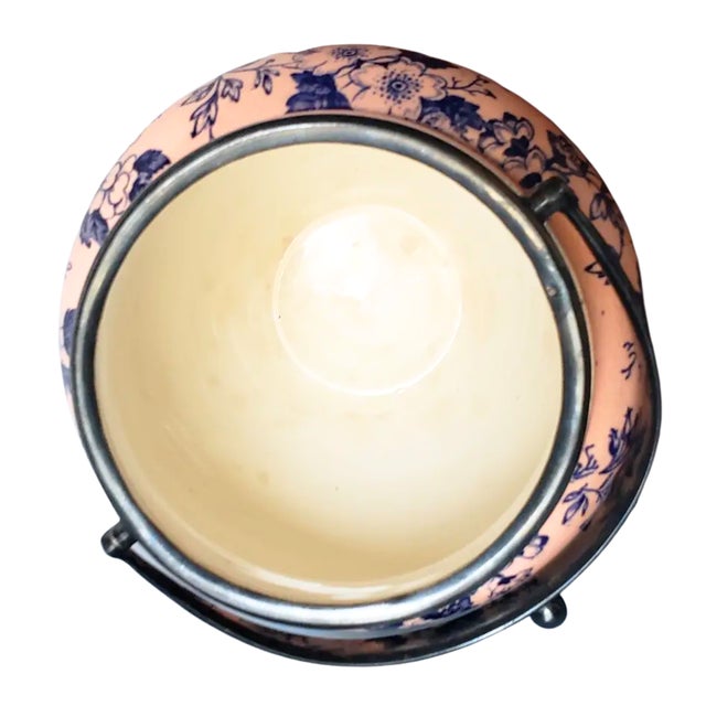 Blue Antique English Flow Blue Jar | Vintage Biscuit Barrel Vase With Peach & Gilt For Sale - Image 8 of 10