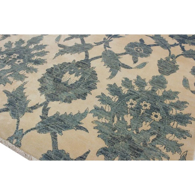 1990s Shabby Chic Modern Kafkaz Ivory/Blue Wool & Silk Rug - 7'11 X 10'3 For Sale - Image 4 of 8