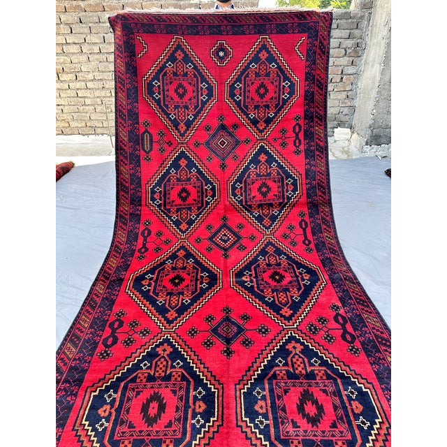 Textile Turkmen Tribal Red Afghan Hand-Knotted Wool Runner - 5'1" X 13' For Sale - Image 7 of 11
