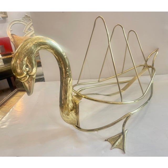 Hollywood Regency Rare Brass Low Swan Magazine Rack Attributed to Maison Jansen, Paris For Sale - Image 3 of 18