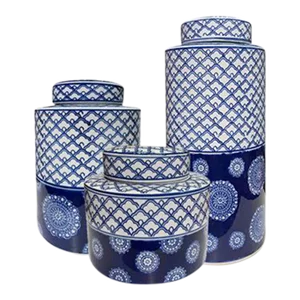 Asian Navy & White Floral Print Jars- Set of 3