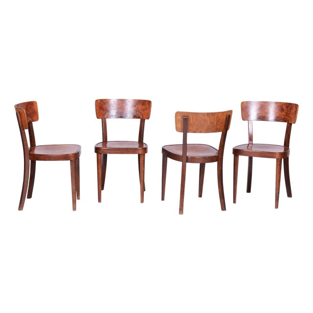 Art Deco Chairs in Beech and Walnut attributed to Thonet, Czech, 1940s, Set of 4 For Sale