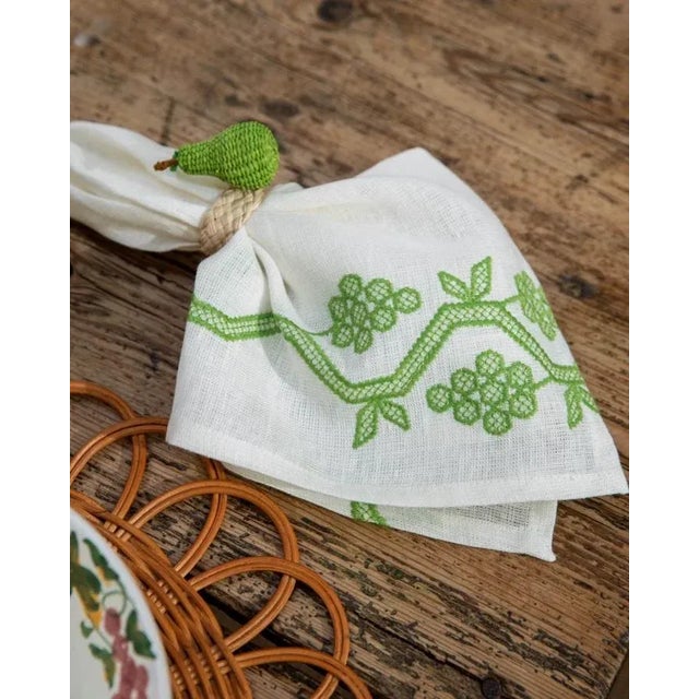 English Sharland England Hand Embroidered Napa Napkins in Green, Set of 4 For Sale - Image 3 of 3