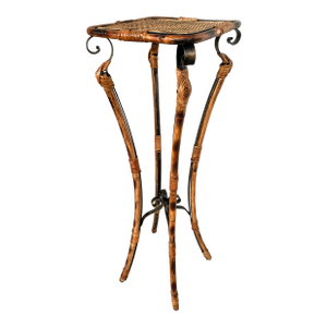 Mediterranean Riviera Hand-Forged Iron, Faux Bamboo, Burnt Rattan Plant Stand, C. 1930s