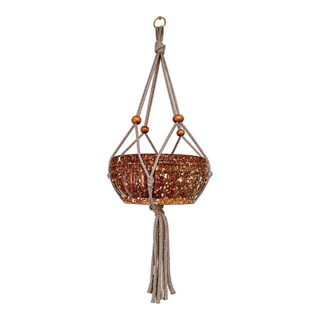 Vintage Gray Macramé Plant Hanger With Wooden Beads & Tassel For Sale