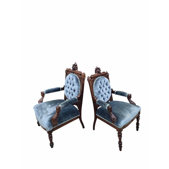 Blue Antique Renaissance Revival Carved Chairs by John Jelliff - Set of 2 For Sale - Image 8 of 12