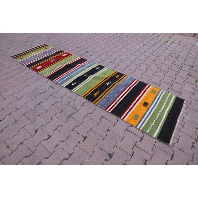 Mid-Century Modern 1980s Colorful Striped Mid Century Design Runner Kilim Rug For Sale - Image 3 of 11