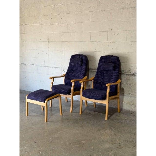 Mid-Century Modern Bentwood High Back Lounge Chairs With Ottoman Set of 3 Vintage Mid-Century Modern 1970s For Sale - Image 3 of 11