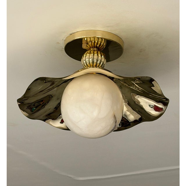 Wavy Brass Flush Mount Light With Alabaster Globe For Sale - Image 9 of 13