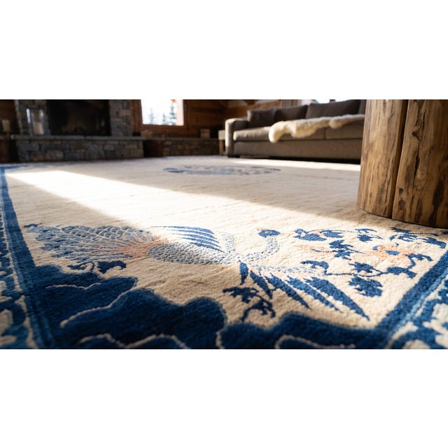 1890s Tan Beige Medallion Birds Antique Chinese Peking Rug 15'3'' X 17'4'' Knotted Wool Carpet For Sale - Image 10 of 11