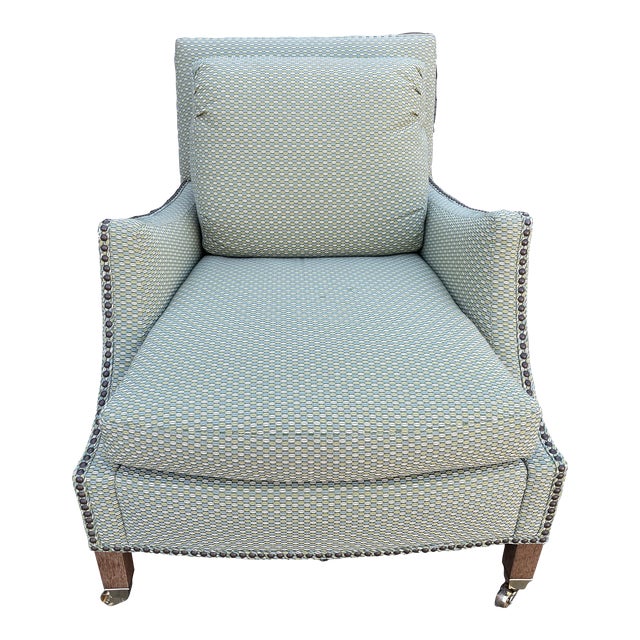 Vintage RJones Green & Gold Lounge Chair With Bronze Nail Heads For Sale