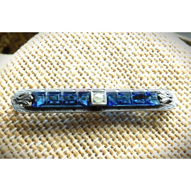 Blue Square Cut Art Deco Stone Bar Pin, Seed Pearl, Silver For Sale - Image 12 of 12