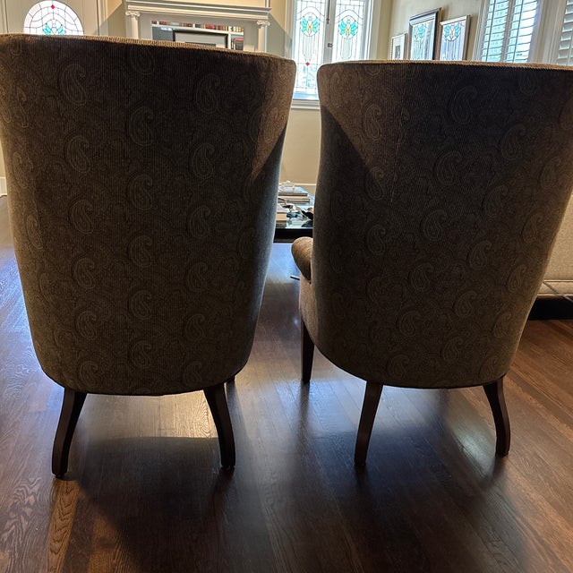 Wood Pair of Custom Made Wingback Chairs in Paisley Corduroy, Perfect Condition For Sale - Image 7 of 12