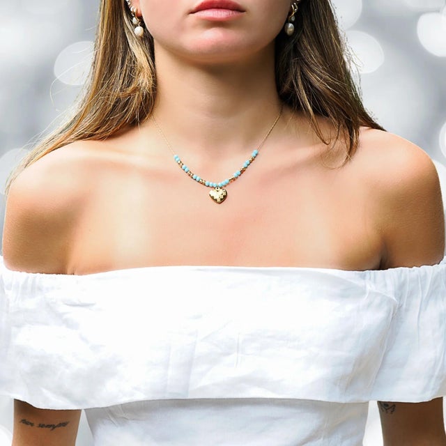 Early 21st Century Love Heart Pendant Turquoise Color Necklace For Sale - Image 5 of 11