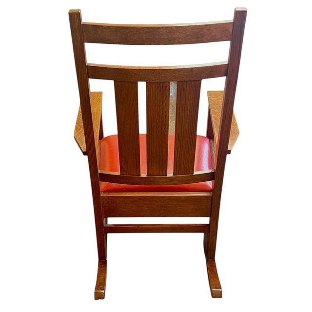 2010s Stickley Rocking Chair Harvey Ellis Collection Mission Arts & Crafts Inlaid Cherry Wood and Leather For Sale - Image 5 of 9