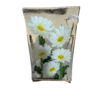Signed Peggy Karr Handcrafted Fused Glass White Daisy Rectangular Tray Platter For Sale