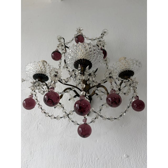 French Amethyst Murano Drops Crystal Prisms Spear Stars Sconces, Circa 1920 For Sale - Image 10 of 14