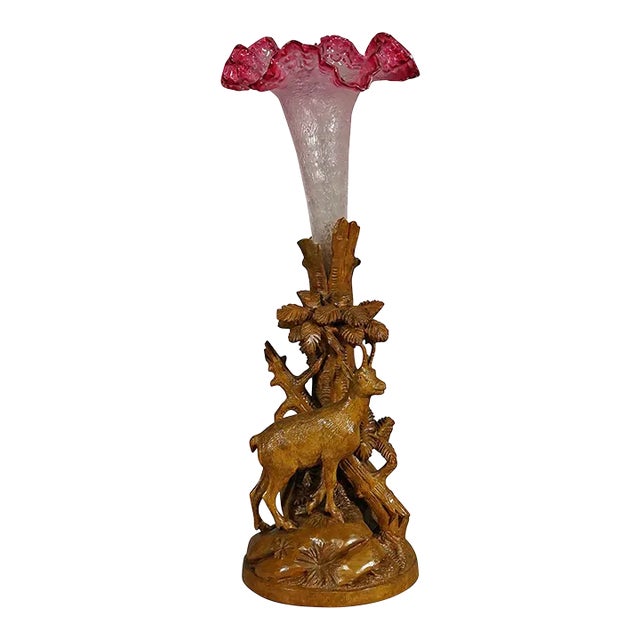 Finely Carved Wood Chamois With Glass Vase, Brienz Ca. 1900 For Sale