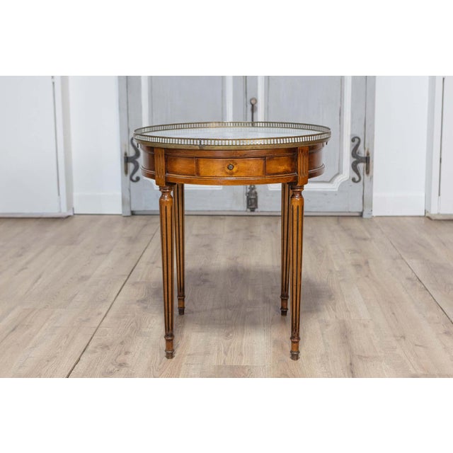 French Mid 20th Century French Louis XVI Style Walnut Bouillotte Table with Marble Top and Brass Gallery For Sale - Image 3 of 10