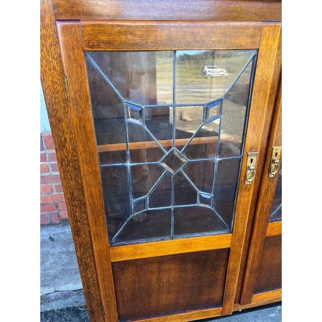 Mission Antique Early 20th Century Arts & Crafts Mission Style Leaded Glass Oak Bookcase For Sale - Image 3 of 11