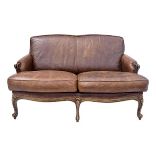Vintage Leather Loveseat After Restoration Hardware, Usa For Sale