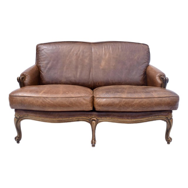 Vintage Leather Loveseat After Restoration Hardware, Usa For Sale