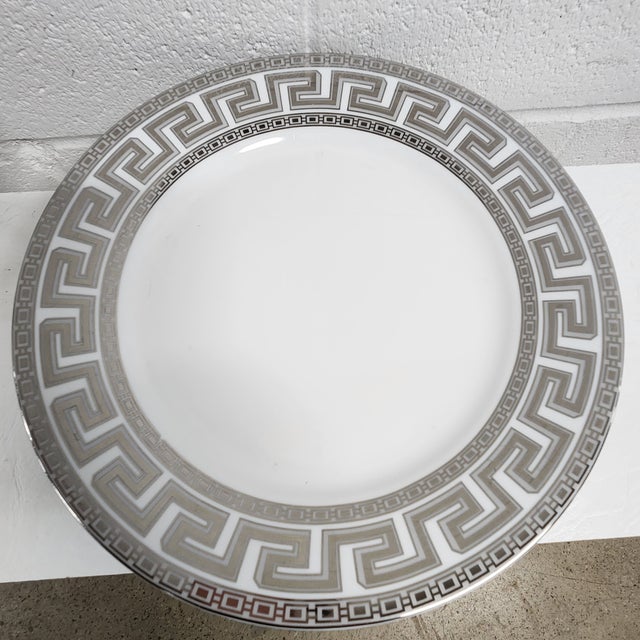 Ceramic Casati Bavaria Fine Porcelain Dinner Plates With Platinum Greek Key Border – Set of 6 For Sale - Image 7 of 17