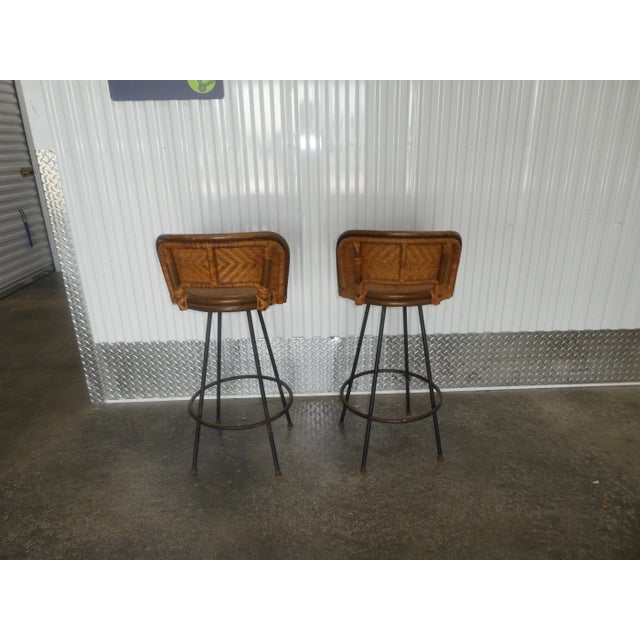 Wood 1950s Mid Century Calif Asia Rattan Bar Stools - a Pair For Sale - Image 7 of 12