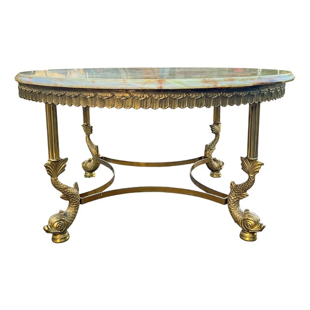 Round Brass and Onyx Marble Koi Fish Coffee Table, 1970s For Sale