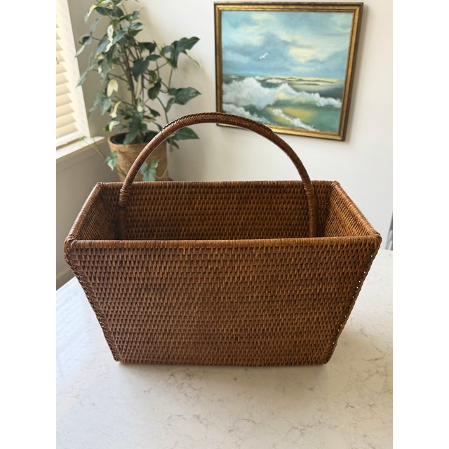Rustic Woven Rattan Magazine Basket For Sale - Image 3 of 11