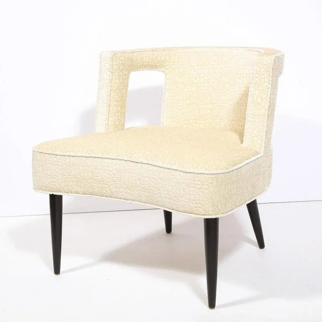 Wood Mid Century Modern Cutout Barrel Back Chair in Pearl Holly Hunt Ecriture Velvet For Sale - Image 7 of 13